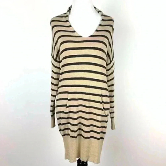 Max studio sweater sz XS tan gray striped hooded - Picture 1 of 10